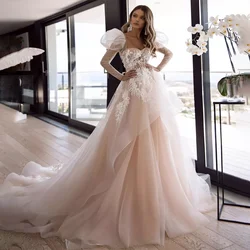 Sweetheart Lace Appliques Puff Long Sleeve Wedding Dress A-Line Backless And Zipper Long Train With Appliques Bridal Dress