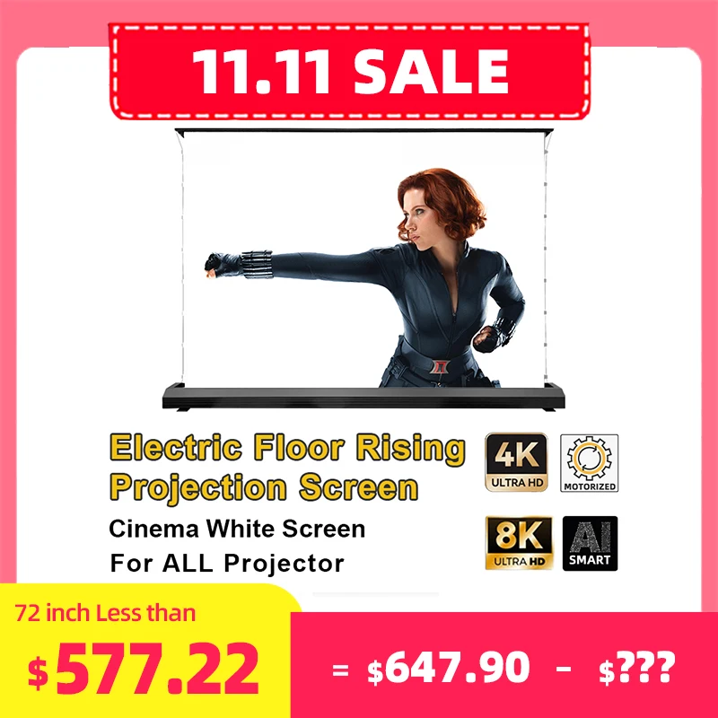 Electric Floor Rising Projection Screen Tab-Tensioned Motorized 72-150inch Cinema White 4K/8K for All Projectors