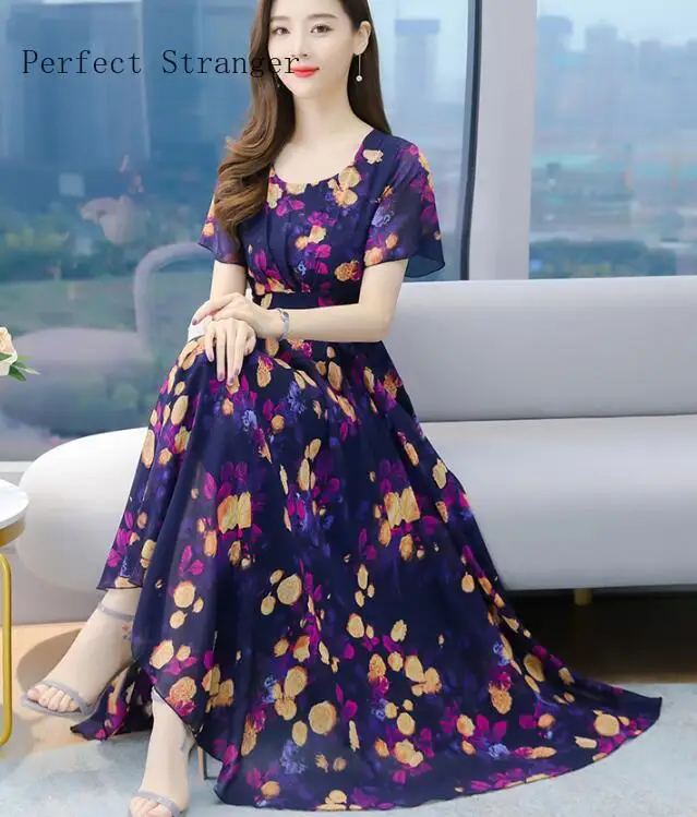 

2024 Summer High Quality Elegant V Collar Short Sleeve Flower Printed Collect Waist Woman Chiffon Long Dress M-4XL