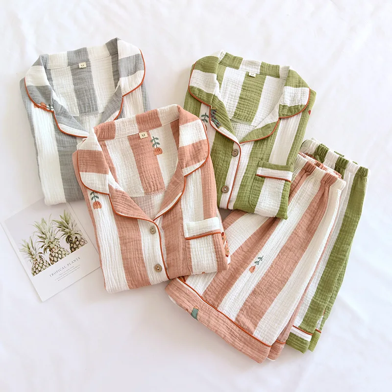 2023 New Summer Women's Pajama Set Cotton Crepe Short Sleeve Shorts Two Piece Set Vertical Striped Simple Home Furnishing