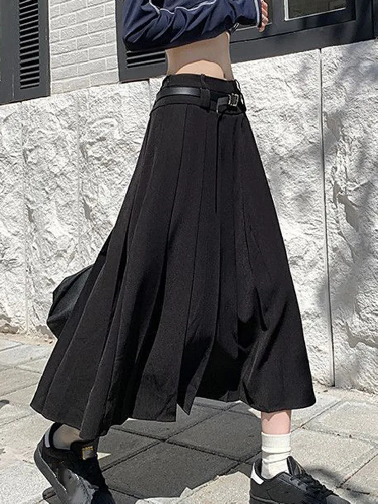 Vintage Winter Harajuku Pleated Skirt Belt Preppy Women Korean Casual High Waist A-line Skirt Japan Student Long Skirt Female