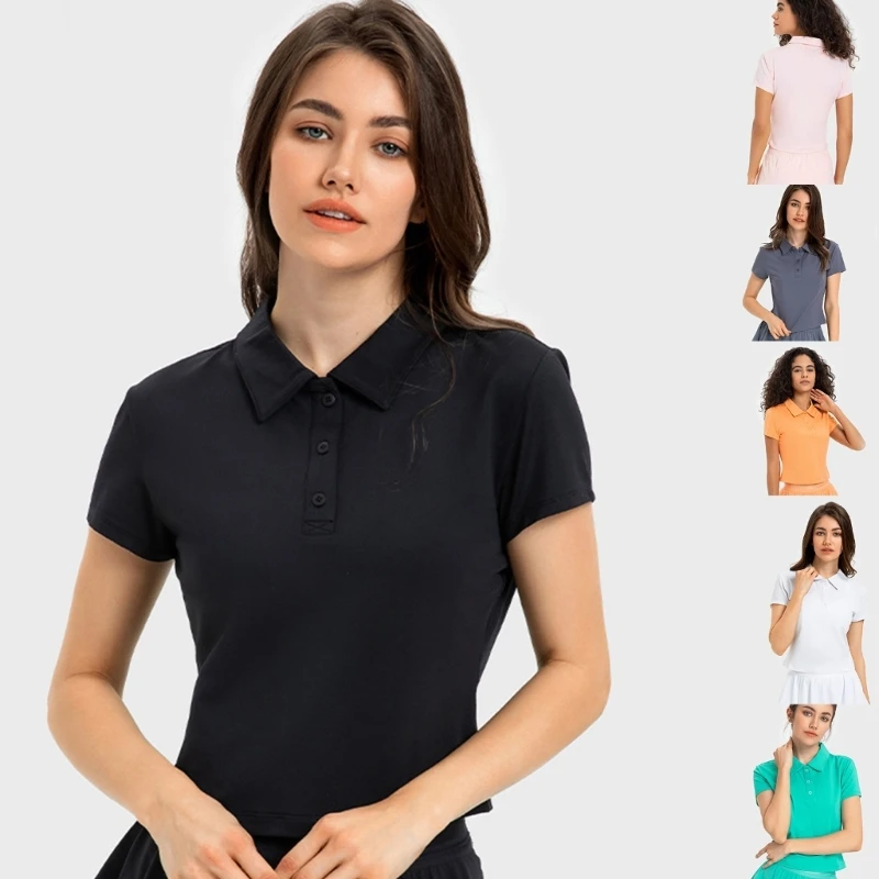 

POLO-T-shirts Short Sleeve Cropped Shirts Daily Top Solid Color Bodycon Elastic Waist Blouses for Home Women Girl Dropship