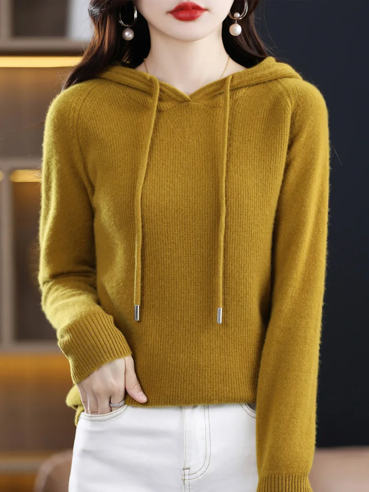 

Autumn Winter Women Casual Hoodie 100% Merino Wool Pullover Sweater Raglan Sleeve Pure Colors Cashmere Knitwear Female Clothing