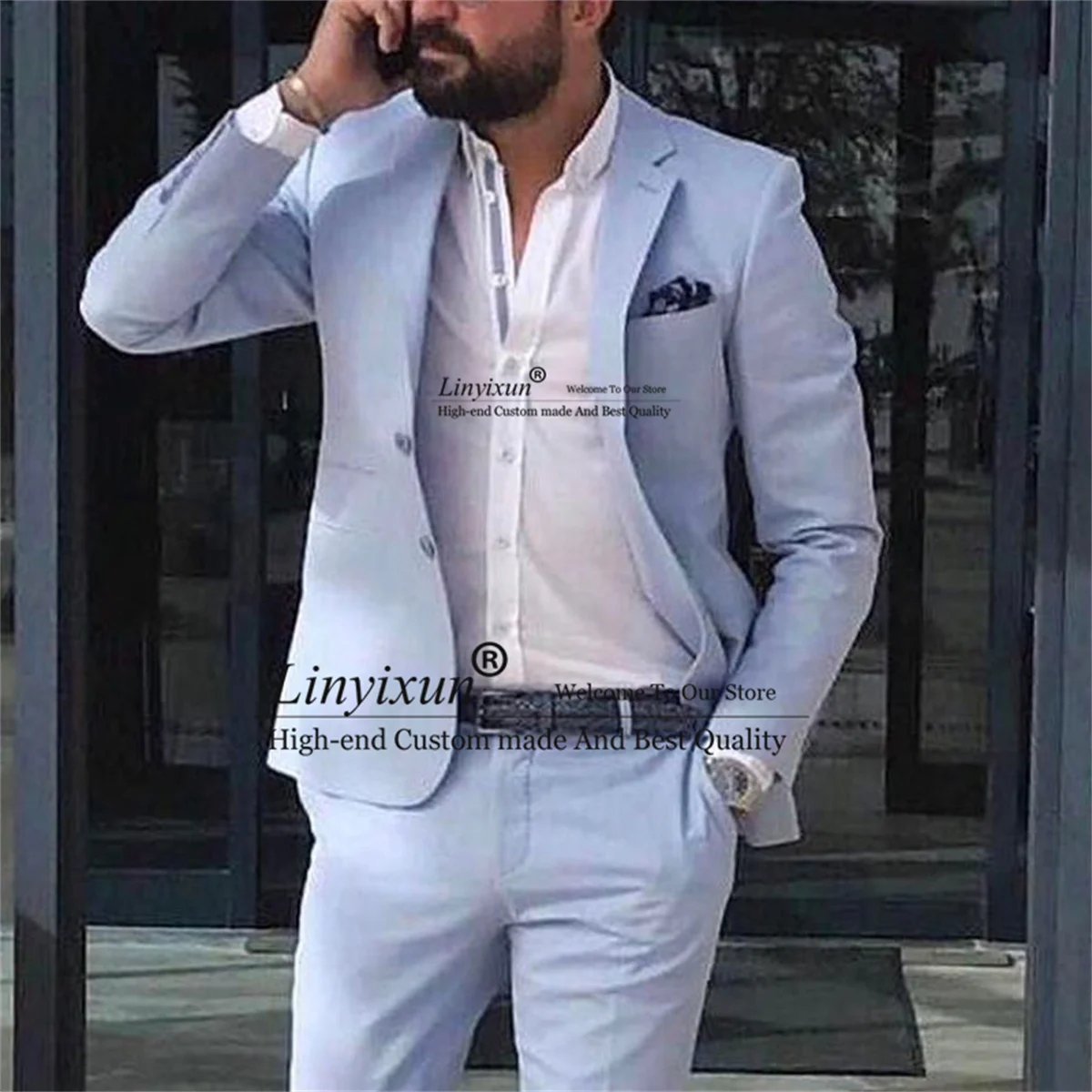 

Light Blue Men Suits For Wedding Slim Fit Groom Tuxedos 2 Pieces Set Male Business Blazer Pants Outfit Groomsmen Terno Masculino