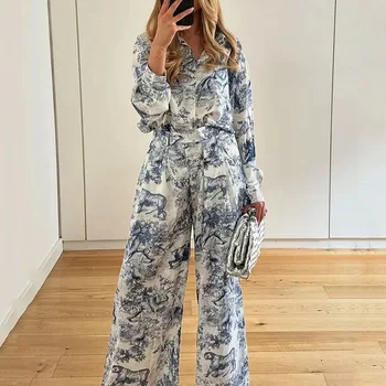 2025 Autumn Women New Fashion Casual Bohemian Print Lapel Button Set Women's Shirt + Wide Leg Pants 2-piece Loose Long Pants Set 1