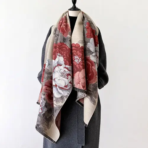 Fashion Peony Flower Print Shawl Women Imitation Cashmere Warm Scarf Autumn Winter Double Sided Ladies Pashmina Cape Cloak - Image 2
