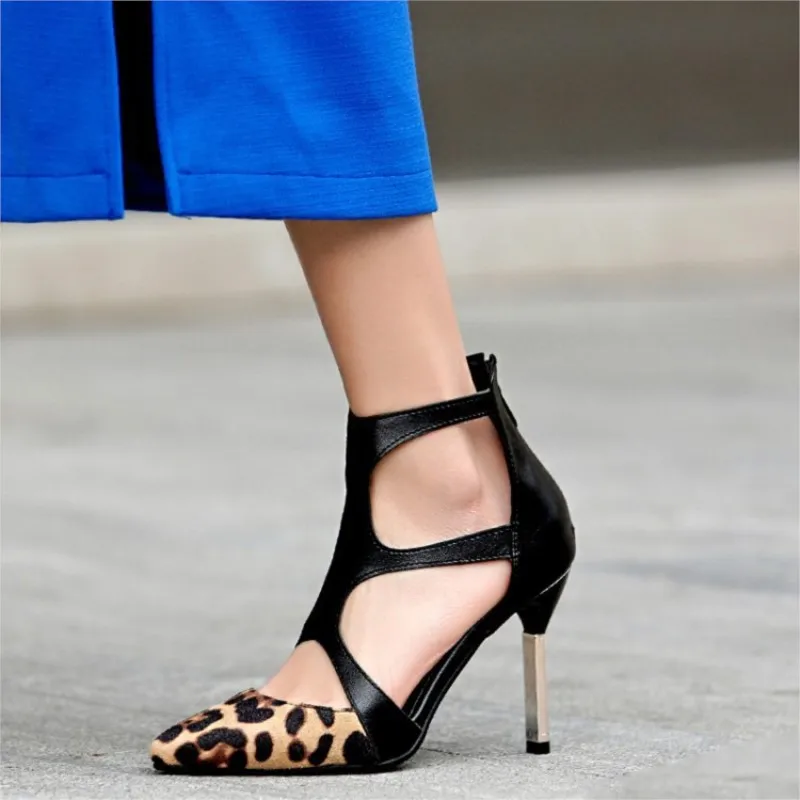 

KNCOKAR 2022 new fashion hollow sandals size leopard print black stiletto sandals size 34-46
