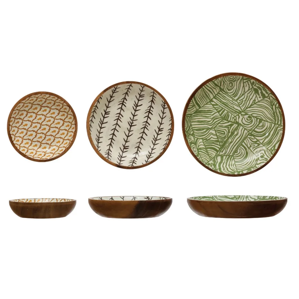

Enameled Acacia Wood Bowls with Print Set of 3 Sturdy High Quality Wood Structure Great for Every Day Use Longlasting