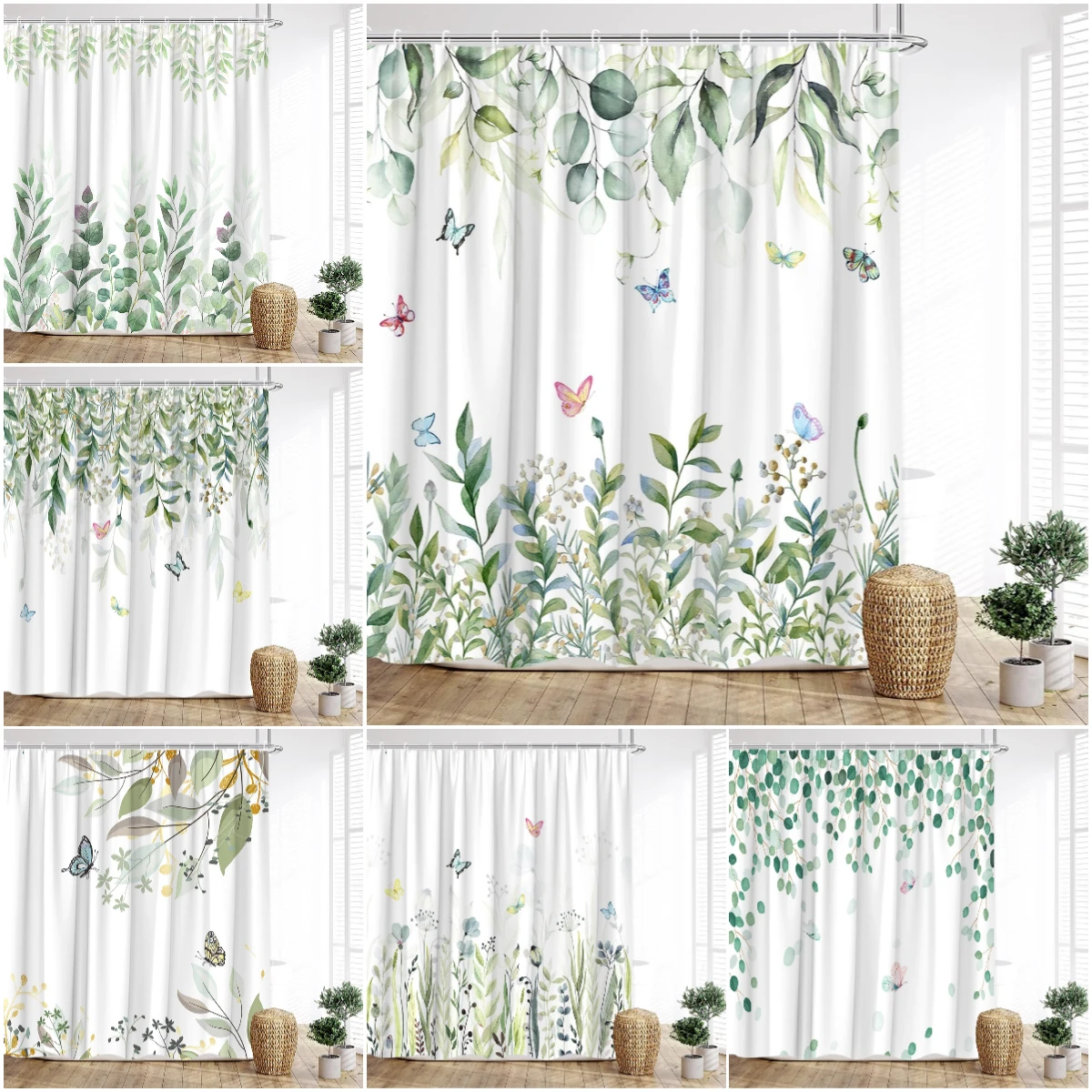 

Botanical Shower Curtain Spring Green Leaves Vines Palm Leaves Butterflies Hummingbirds Tree Branches Farm Planks Bathroom Decor