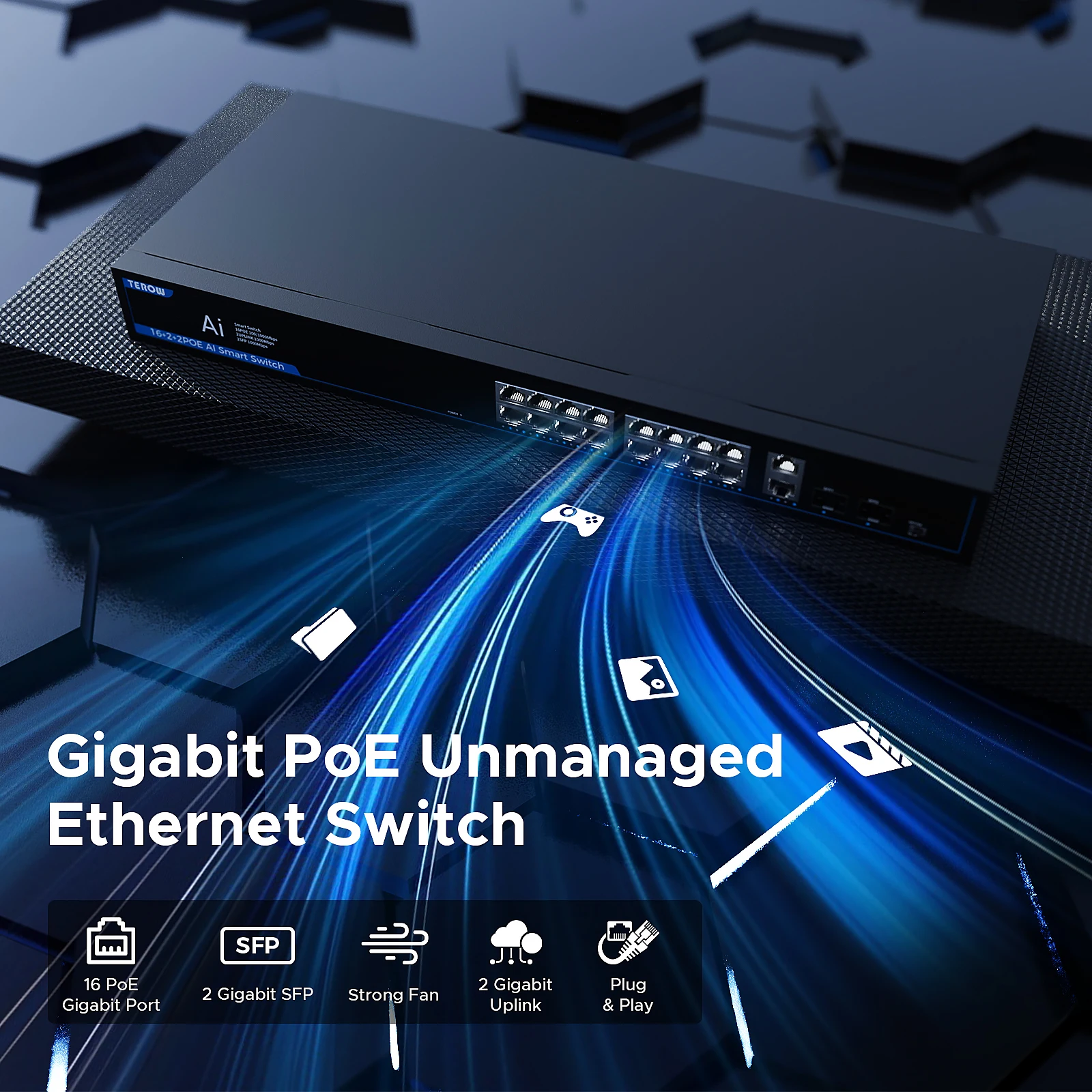 -منافذ جيجابت ، إيثرنت ، Mbps ، 16 منفذ ، مفتاح شبكة ، بو ، دعم VLAN ، راوتر واي فاي