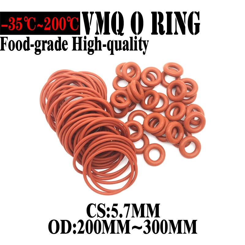 

VMQ O Ring Seal Gasket Thickness CS 5.7mm OD 200~300mm Silicone Rubber Insulated Waterproof Washer Round Shape Nontoxic Red