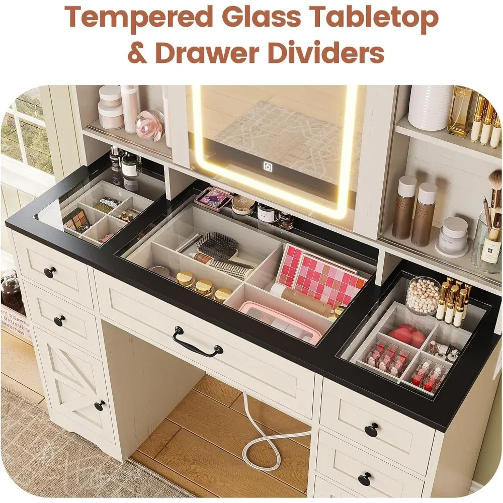 Vanity Desk with Sliding Mirror and Lights, Makeup with Glass Top & Charging Station with 5 Drawers & Shelves, Vanity Table 4