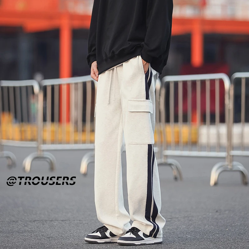 

Gray/Black Casual Pants Men's Side Striped Pocket Sweatpants Men Streetwear Loose Straight Cargo Pants Mens Drawstring Trousers