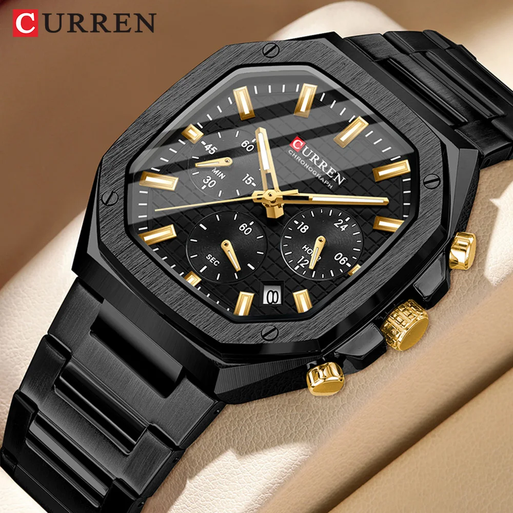 CURREN Top Brand Unique Design Square Vintage Dial Stainless Steel Bracelet New Casual Quartz Men's Watches with Chronograph