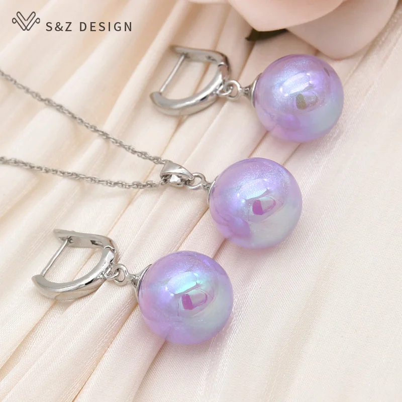 S&Z DESIGN New Fashion 585 Rose Gold Color Round Colorful Bead Drop Earrings Jewelry Sets For Women Wedding Pendant Necklace