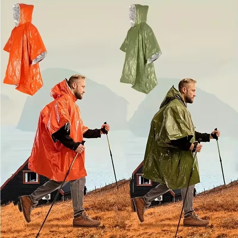 OutdoorPortable Emergency Rain Poncho Survival CampingThermal Insulated Raincoat for Hiking Trekking and Cold Weather Protection