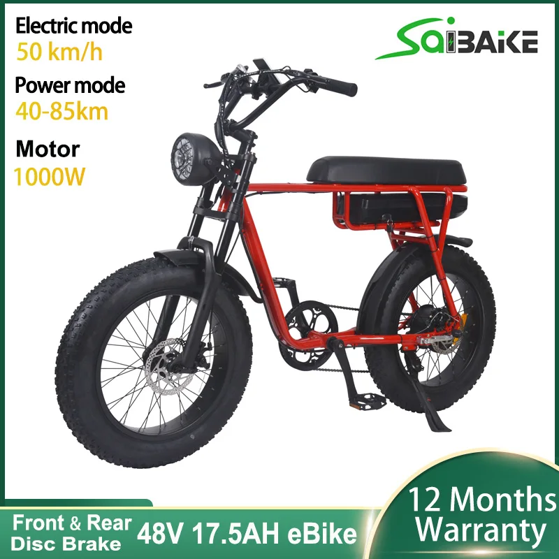 

Rose Red Frame Electric Bike 1000W Powerful Motor Ebike 20*4.0 inch Fat Tire 48V 17.5Ah 50km/h Max Speed Electric-Assist Bike