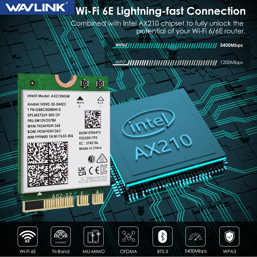 Placa sem Fio Wavlink-wi-fi 6e Intel Ax210 Tri-band 5400mbps 2.4ghz 5ghz 6ghz Adaptador de Rede Bluetooth 5.3 Módulo para Laptop