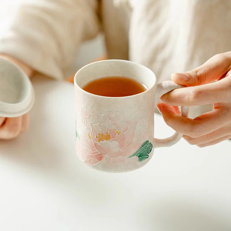 Chinese Style Ceramic Cute Mug Home Personal Office Creative With lid Light Pink Peony Pattern Milk Water Coffee Cup, 190ml, 1Pc