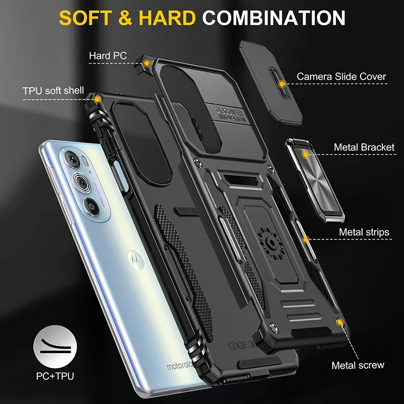 Armor Shockproof Phone Case with Sliding Window Lens Protection and Metal Ring Holder Back Cover
