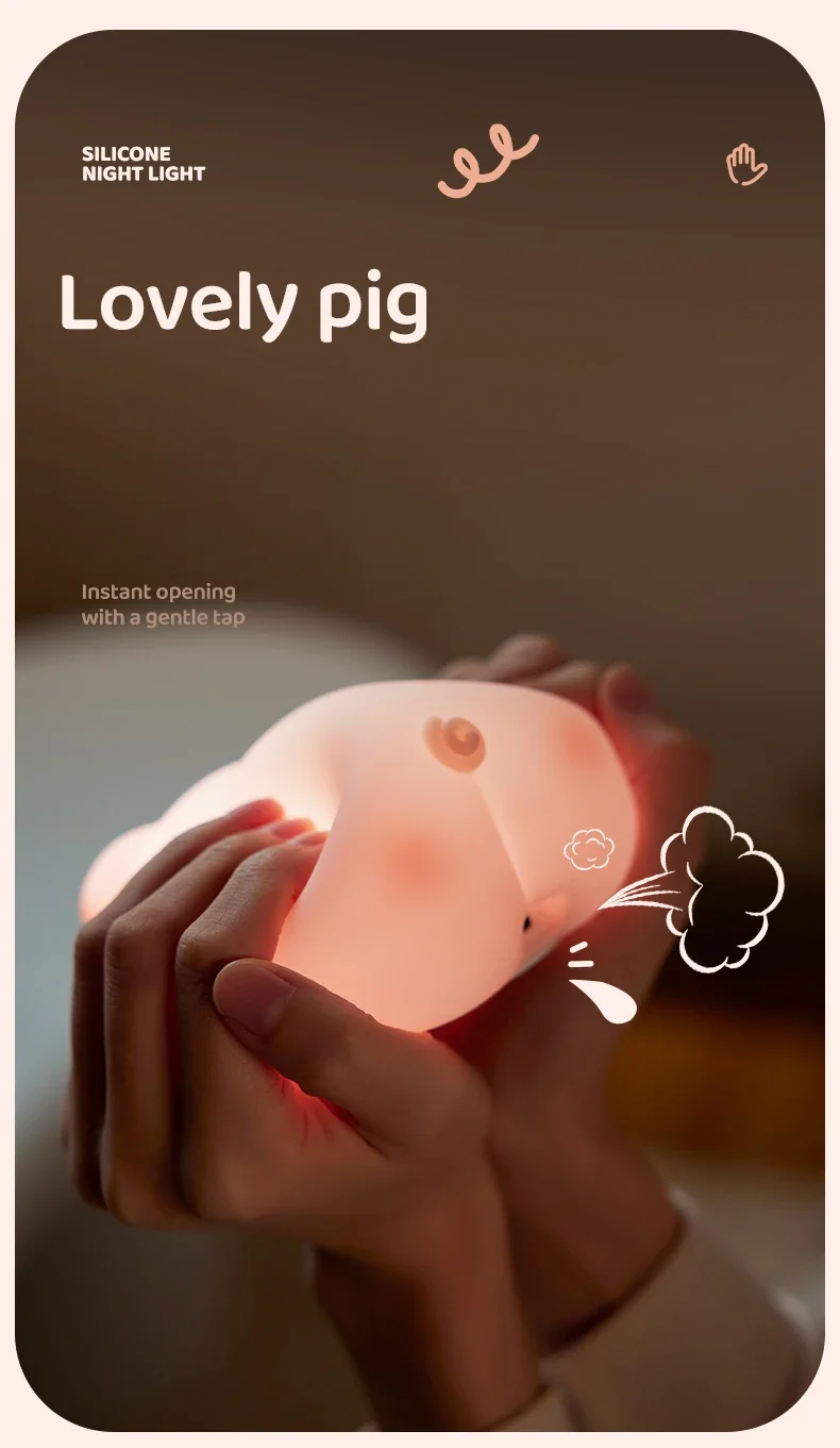 Description Picture 5 of itemSilicone Pig Table Lamp Led Night Light Rechargeable Nursery Mood Light Bedside Desk Bedroom Decoration Kid Birthday Gift Cute