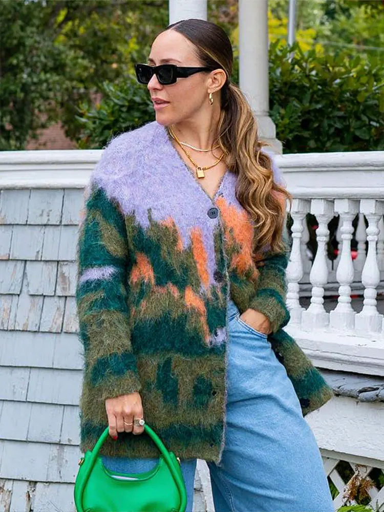 HH Women Colorful Print Long Cardigan Single Breasted V Neck Knitted Sweater Coats Autumn Loose Casual Maternity Outfit