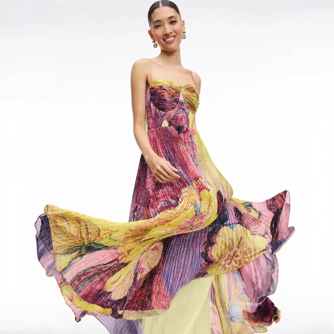 2026 Summer Printed Long Dresses Casual Sleeveless Beach Dress Sexy Off Shoulder High Waist Pleated Vestidos De Fiesta Elegantes 1