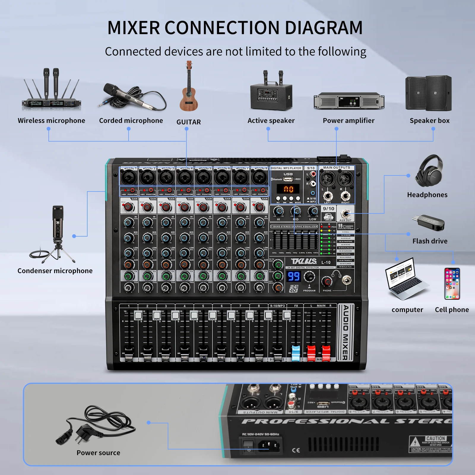 TKLBLS L-10 10채널 전문 디지털 믹싱 콘솔 블루투스 USB OTG 레코딩 무음 기능 DSP 효과 회의 교회용