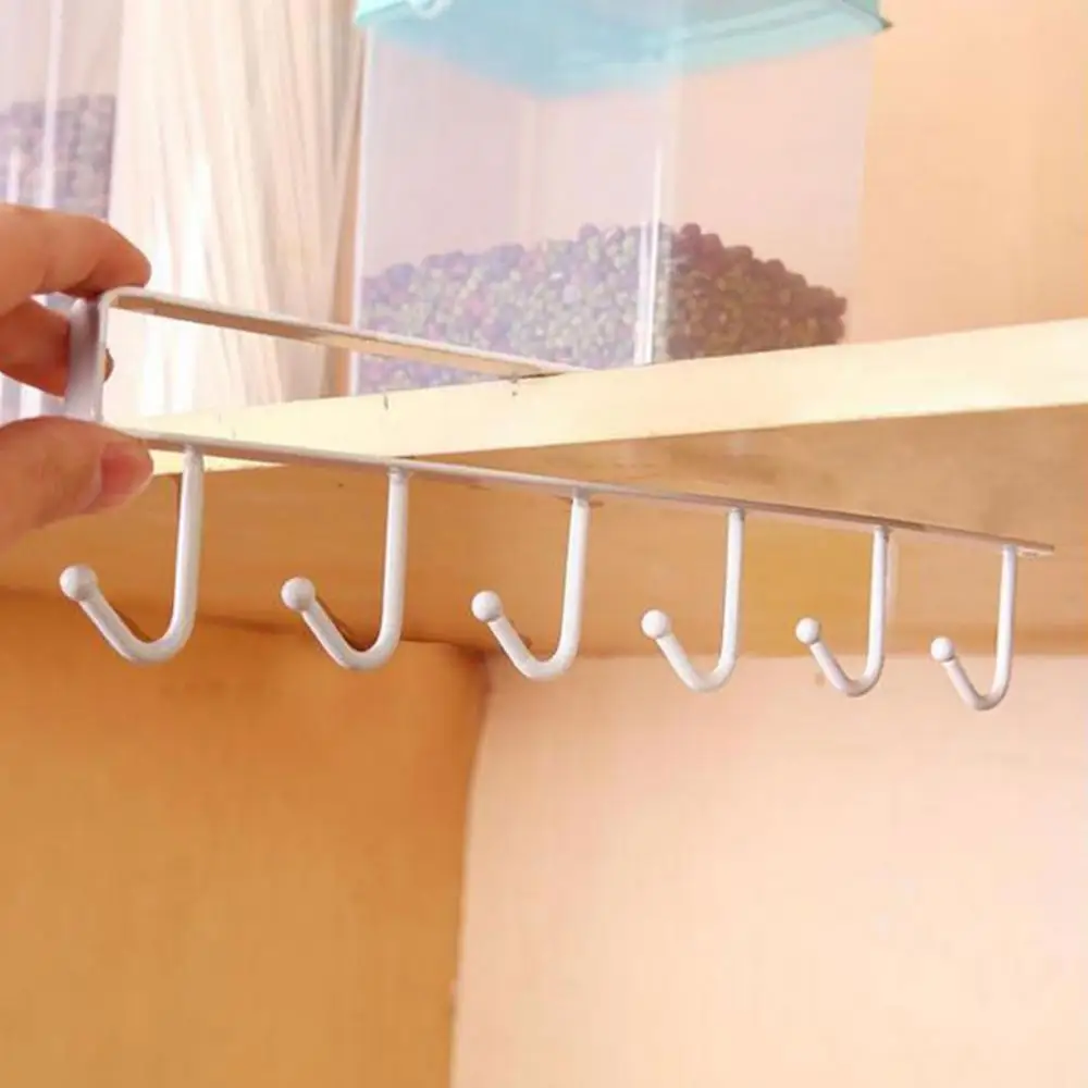 Kitchen Cutlery Cup Storage Rack With 6 Hooks Wall Mount Cupboard Hanging Hook Clothes Hanger Rangement Cuisine Cup Storage Rack