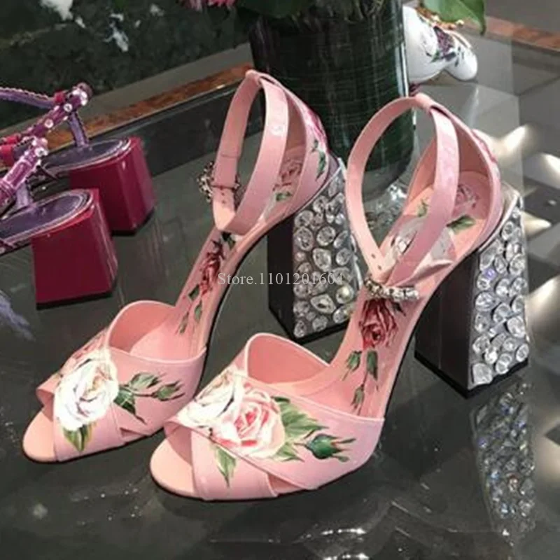 Summer Crystal Rose Print Pink High Heels Women's Rhinestone Square