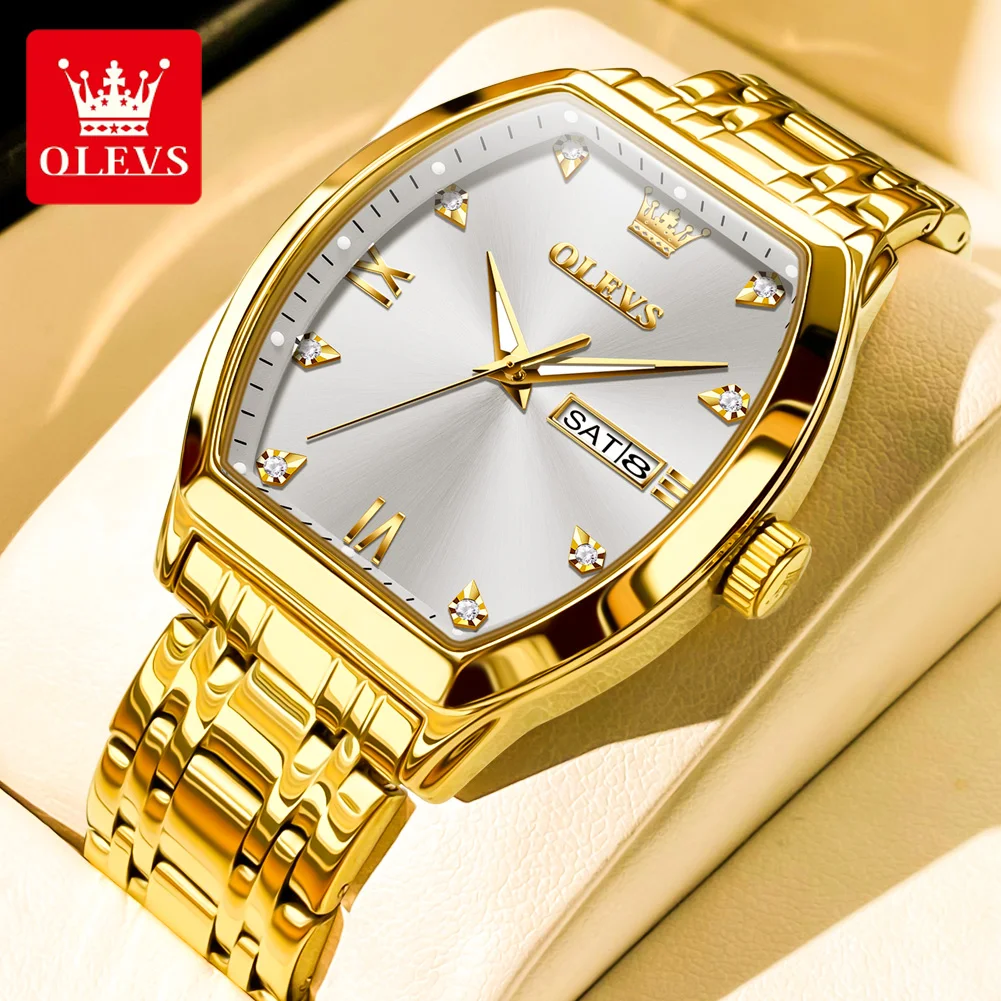 OLEVS Quartz Watch for Men Luxury Diamond Elegant Stainless Steel Waterproof Luminous TOP Brand Tonneau Dial Mens Wristwatch