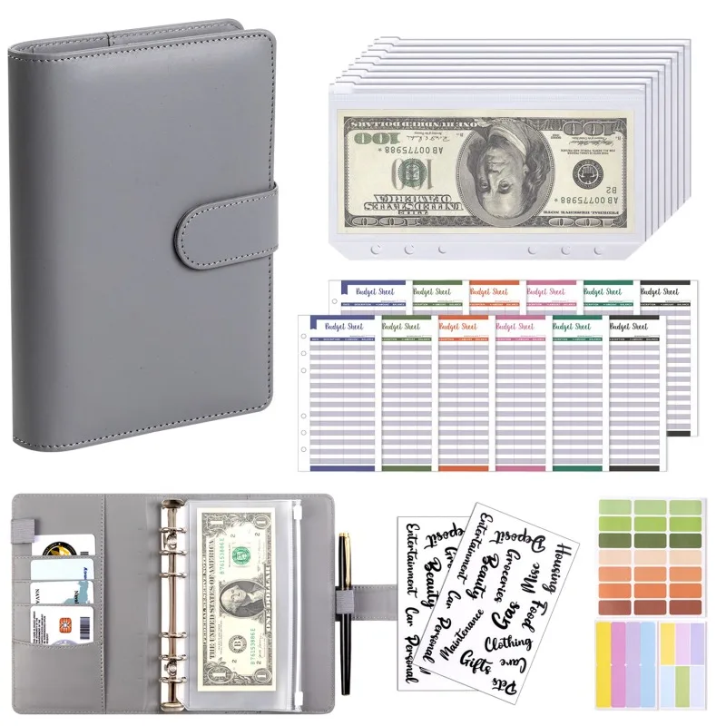 PU Leather A6 Budget Binder with Cash Envelope Pockets & Zipper