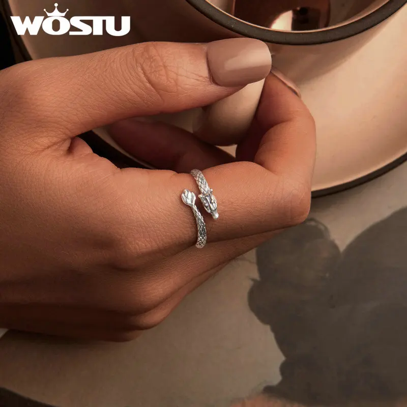 Silver Ring WOSTU Vintage 925 Sterling Silver Dragon Opening Ring For Women Lucky Gothic Animal Stackable Rings Party Punk Hiphop Gift