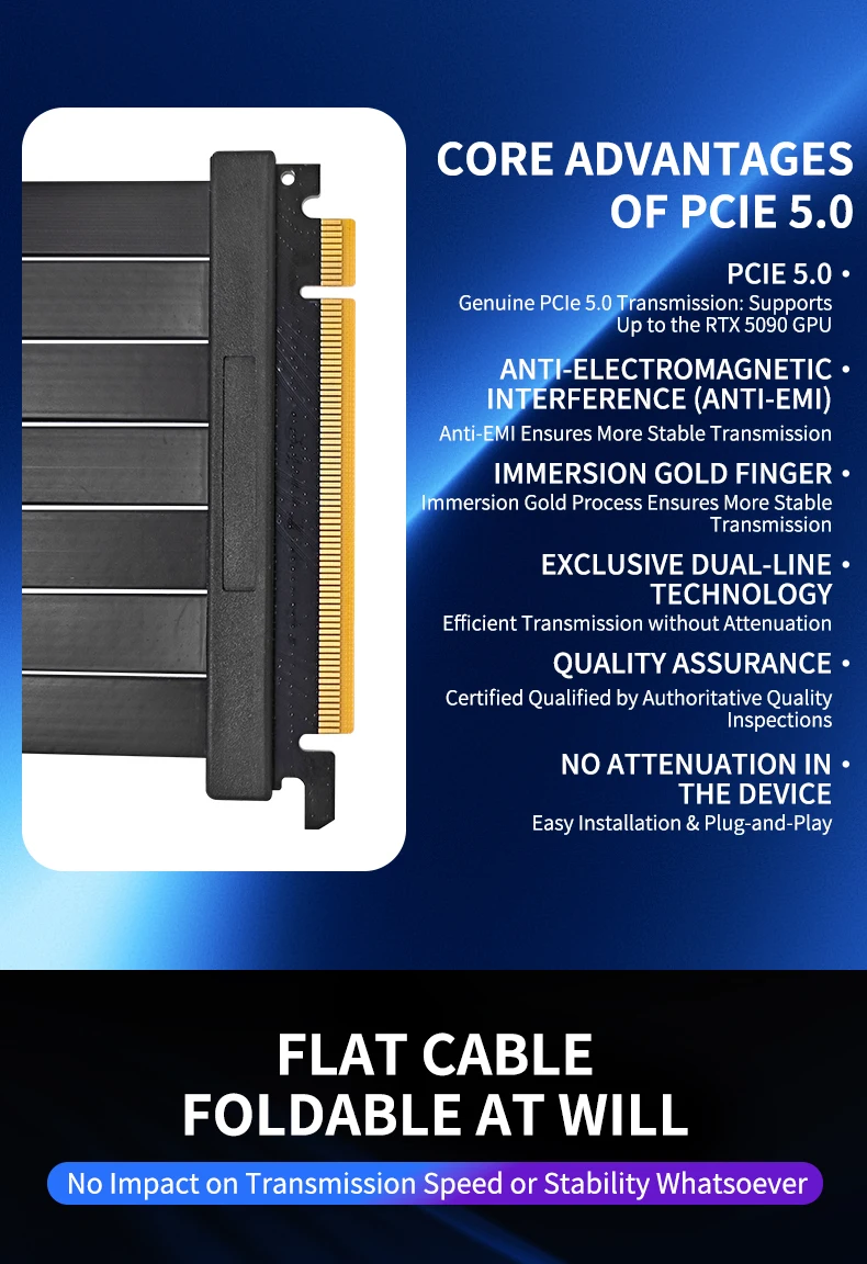 PCIE 5.0 x16 GPU extension cable Gold Finger Immersion Gold Process Anti-electro