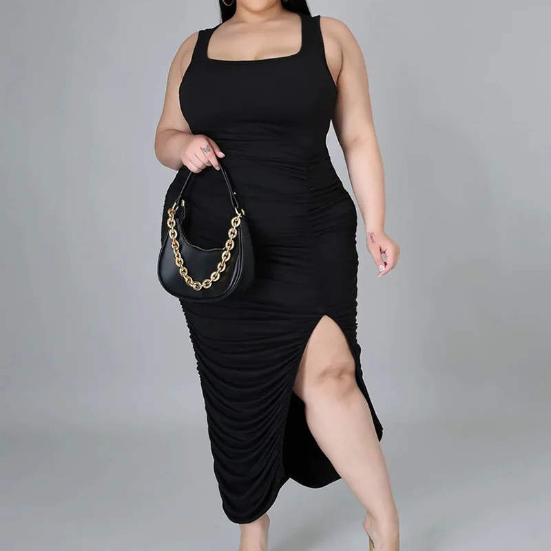 Summer Square Collar Solid Color Pleated Irregular Sleeveless Lady Street Casual Shirring Split Slim Plus Size Suspenders Dress