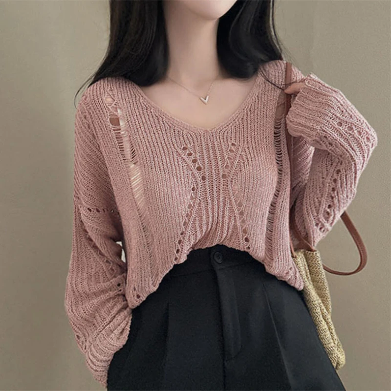 Summer and Autumn Women's New Knitted Hollow Long Sleeve Sweater Fashion Crew Neck Solid Color Elegant Pullover