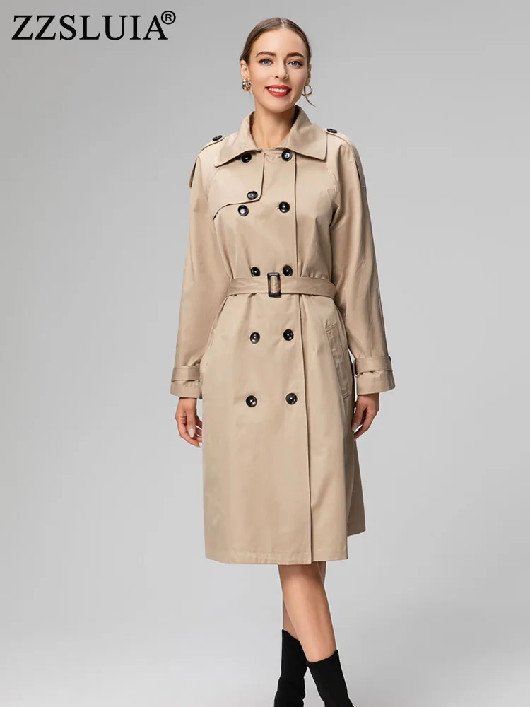 

ZZSLUIA Double Breasted Slim Windbreaker For Women Long Sleeve Lacing Designer Slim Long Coats Fashion Elegant Trench Female
