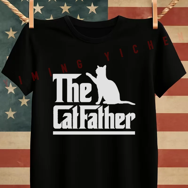 남성용 블랙 Catfather Cat Dad 재미있는 그래픽 오토바이 코튼 티셔츠 남성용 여름 캐주얼 O 넥 반팔 티셔츠