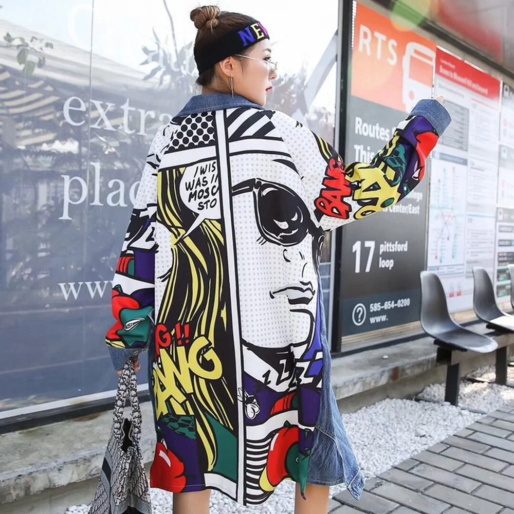 

Womens Printed graffiti Denim Jeans Coats Jackets Long Outwear Loose Hip Hop Street