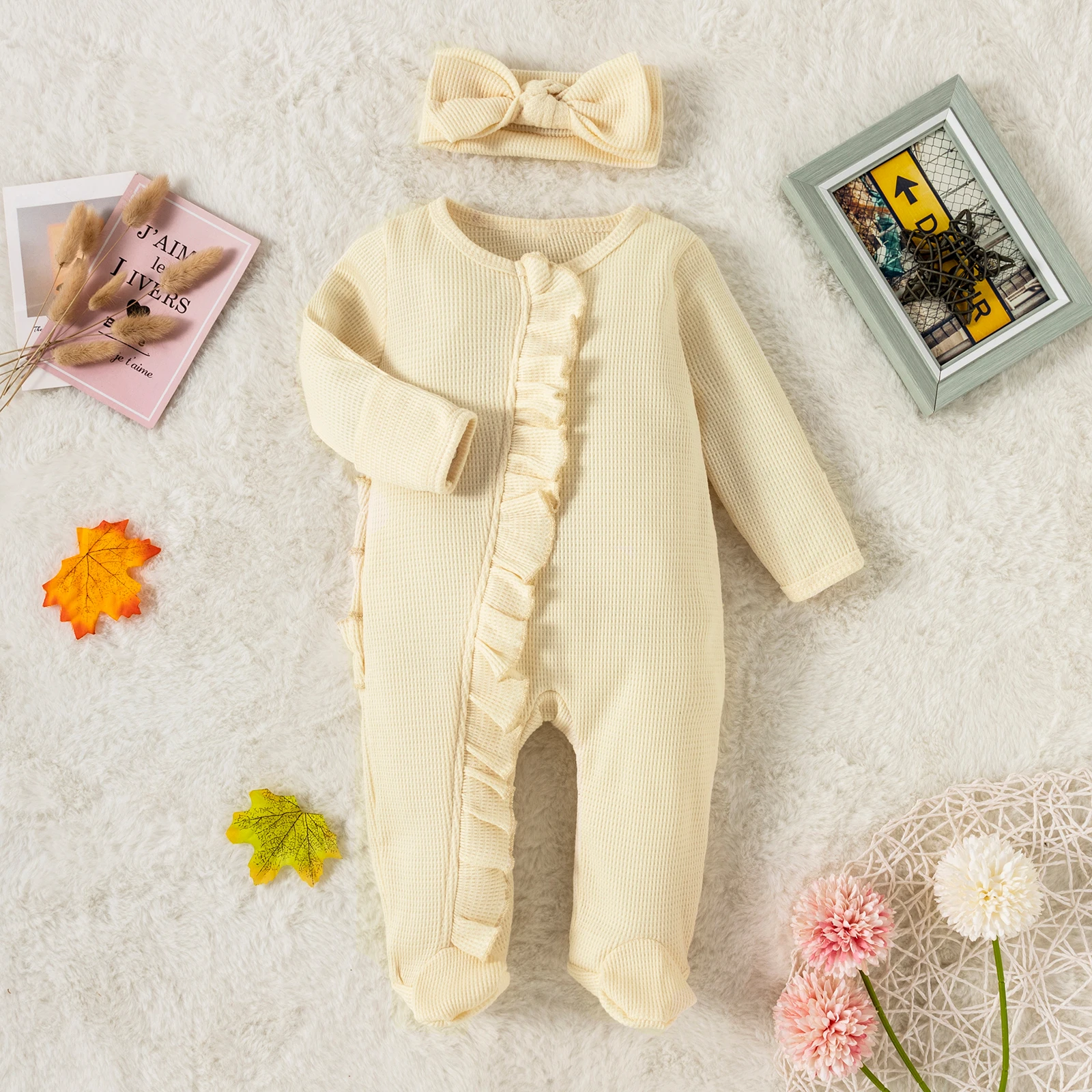 FOCUSNORM 5 Colors Infant Baby Girl Boys Footies Rompers Solid Frills Ruffles Long Sleeve Autumn Jumpsuits with Headband