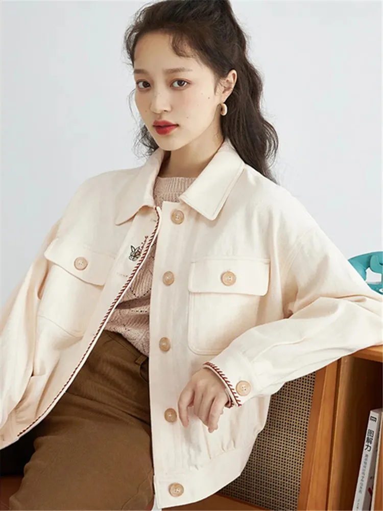

Embroidery Denim Short Jacket Women Spring Autumn Korean Retro Bf Wind Loose Long-sleeved Thin Jeans Tooling Coat Female Clothes