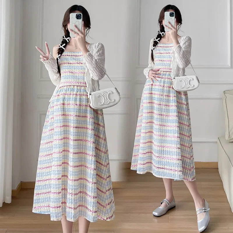 French Style Maternity Holiday Dress Block Color Striped Sleeveless Pregnant Woman Pleated Chiffon Dress Plus Size Beach Dresses 2 French Style Maternity Holiday Dress Block Color Striped Sleeveless Pregnant Woman Pleated Chiffon Dress Plus Size Beach Dresses - Image 2
