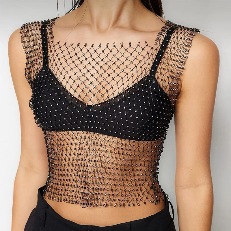 

2023 Summer Women's Shiny Rhinestone Sexy Spicy Girl Fishing Net Square Neck Tank Top Nightclub