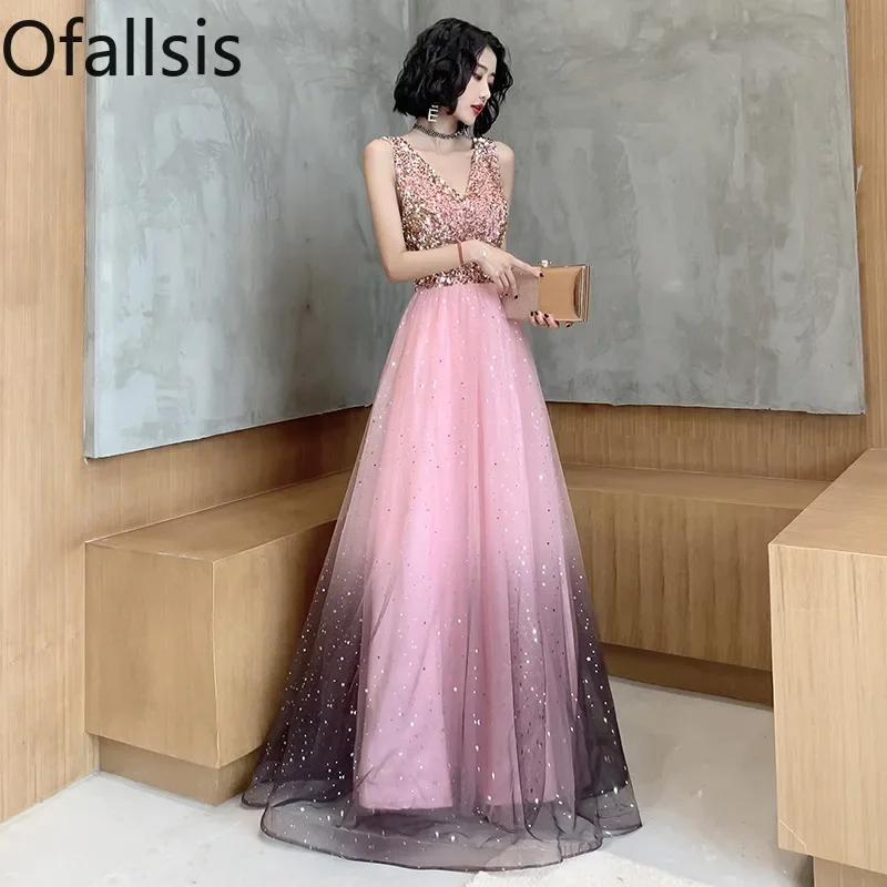 

Ofallsis Pink Sequins V neck Sleeveless Evening Dress Banquet 2023 New Style Fairy Birthday Party Starry Sky Gradient Dresses