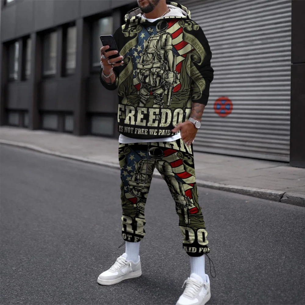 2 Piece Suit Hoodies For Men Autumn 3D Printed Hoodie Happy Veterans Day Festival Men’s Casual Pullover Hooded Sweatshirt Set