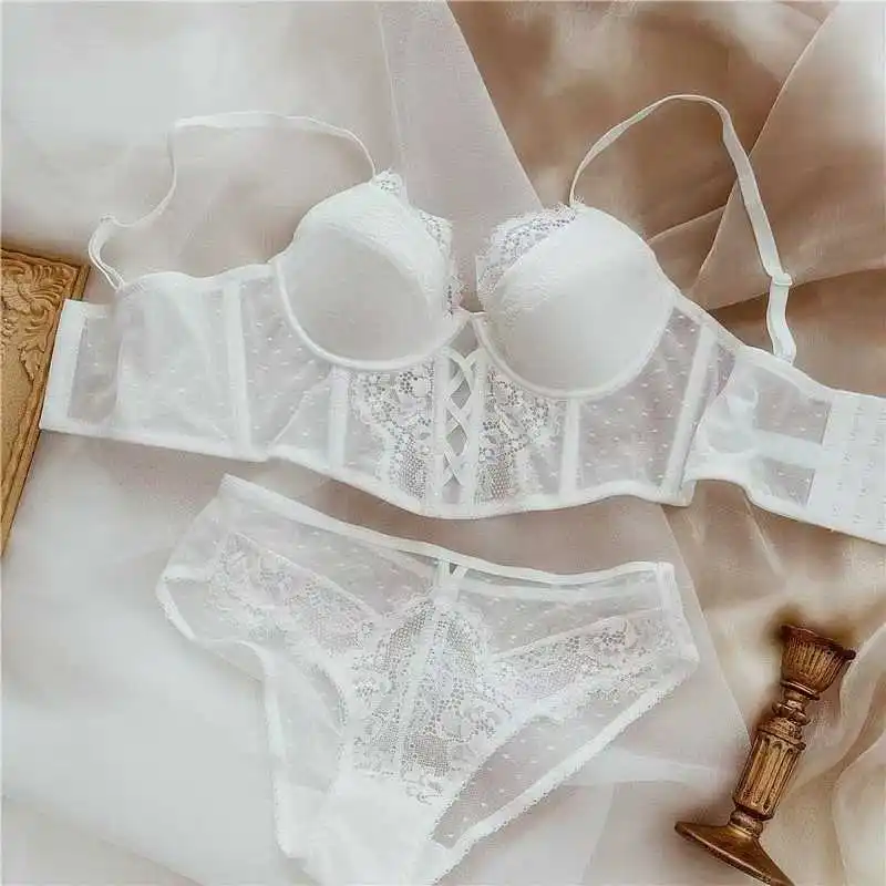 French Lace Push Up Lingerie Set Damen Thin Underwire Bra Sheer Mesh Ruched Chemise Soft Petite Small Bust Ladies S-XL_voghion.com