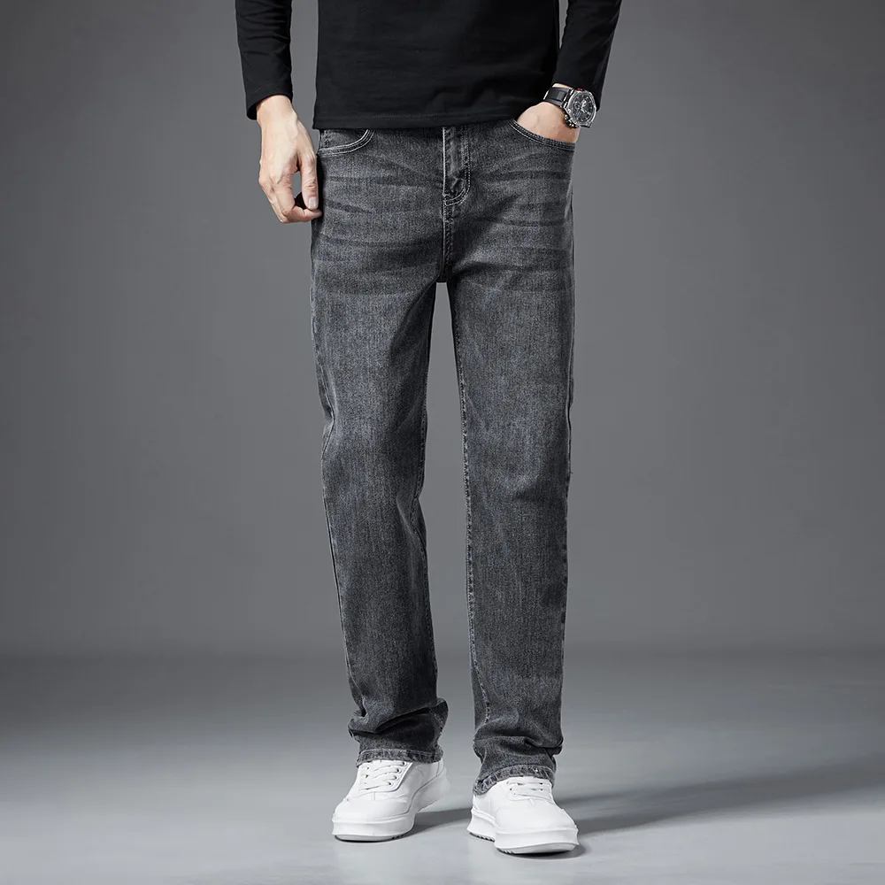 Grey Men's Jeans Casual Straight Fashion Classic Work Denim Trousers Men Clothing