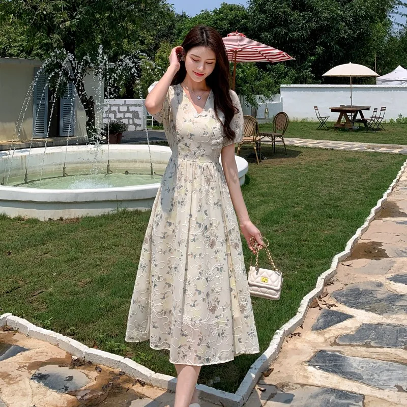 Summer New Chinese Style Midi Dresses for Women Floral Printed V-neck Puff Sleeve A-line Casual Elegant Dress One Piece Vestido