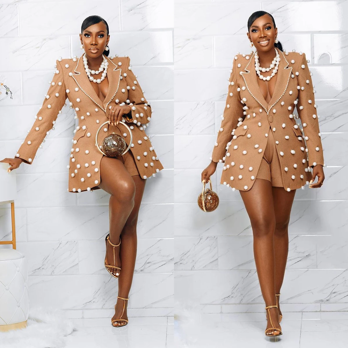 Women Long Blazer Beads Pearls Tuxedos One Button Peak Lapel Lady Slim Fit Coat 2 Pcs Jacket Pants Customized
