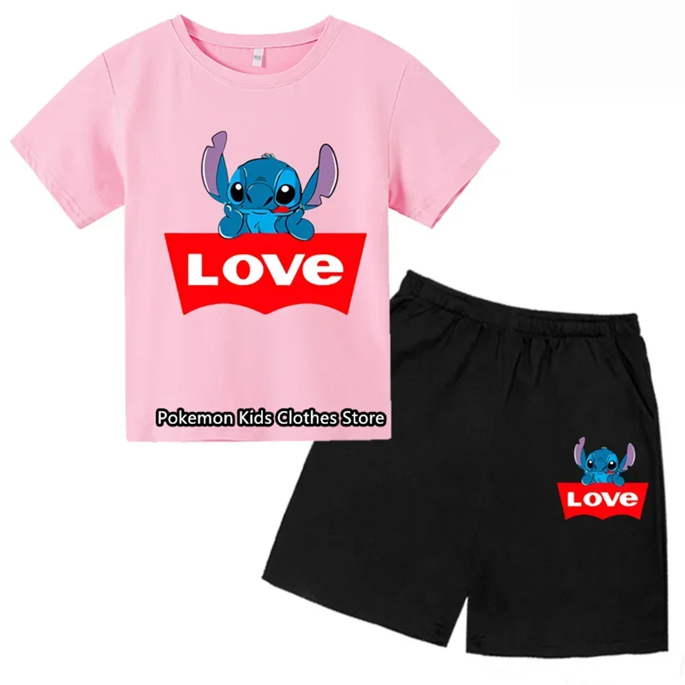 thumbnail image 1 of Conjunto de camiseta de dos piezas con puntadas bonitas para bebé y niño, cuello redondo, informal, manga corta, pantalones cortos de manga corta para niña, 1 of 5
